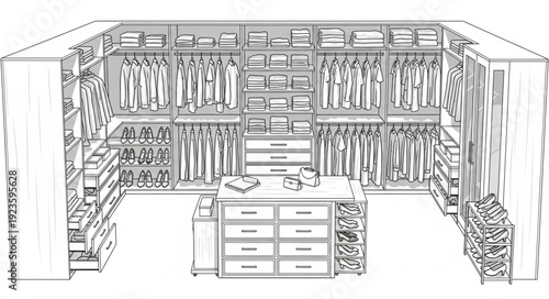 Walk-in closet with organized storage and clothing display, modern design.