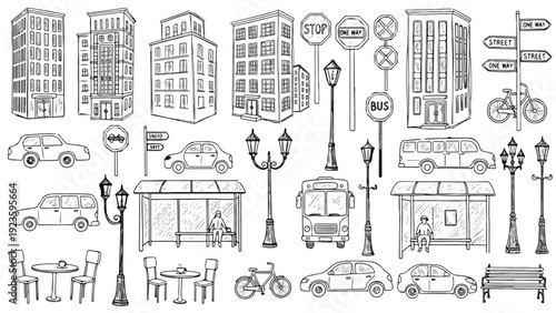 City Street Elements Vector Set – Hand Drawn Urban Buildings, Cars, Buses, Street Lamps, and Road Signs Illustration