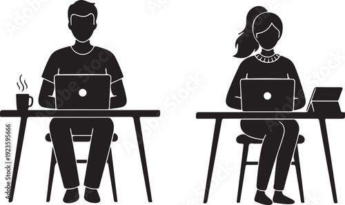Set of two remote worker silhouettes at desk, white background