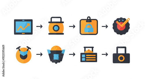 Visual representation of a process, showing steps and stages in sequence, with icons.