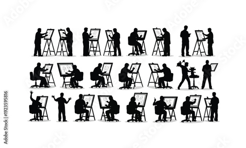 Animation artist drawing characters various posses silhouette on white background