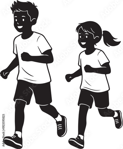 Set of two siblings silhouettes running, isolated vector