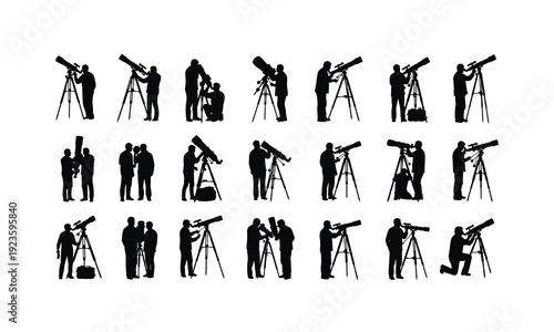 Astronomer viewing telescope various posses silhouette on white background