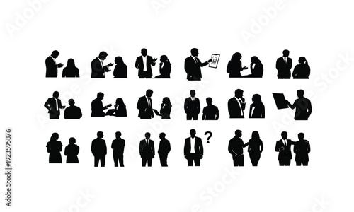 Career counselor advising student various posses silhouette on white background
