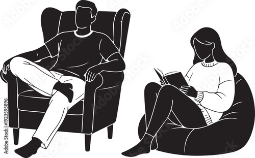 Set of two sitting silhouettes in relaxed posture, isolated on white