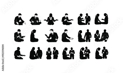 Marriage counselor mediating couple various posses silhouette on white background