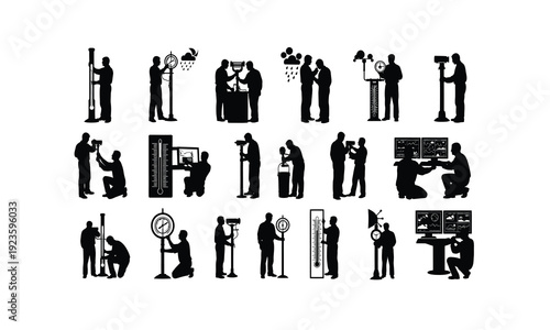 Meteorologist checking weather instruments various posses silhouette on white background