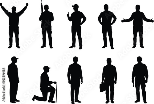 Silhouettes of diverse men in various standing, kneeling, and walking poses, holding rifles, briefcases, and canes, isolated on white background.