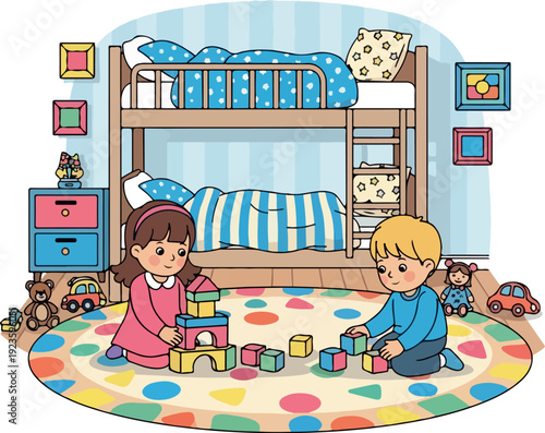 Kids Playing In Bunk Bed Room Isolated Transparent Background Flat 2D Vector