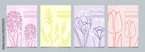 Spring flowers in line art. Floral cute set of plant. Hand drawn vintage background template with botanical motifs. Simple sketch. Vector doodle illustration.