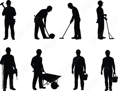 Silhouettes of construction workers using tools, pushing wheelbarrow, carrying toolbox, wearing helmets, holding hammer, drill, and metal detector, isolated on white background.