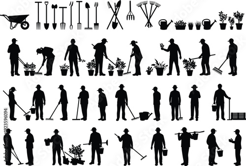 Silhouettes of gardeners working with garden tools, wheelbarrow, watering cans, plants, shovels, rakes, buckets, outdoor gardening, landscaping, horticulture