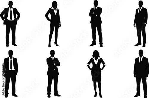 Silhouettes of confident business men and women standing in formal attire, suits and dresses, isolated white background, professional team, leadership, corporate group, success concept