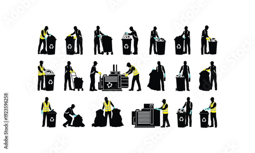 Waste management worker sorting recycle various posses silhouette on white background