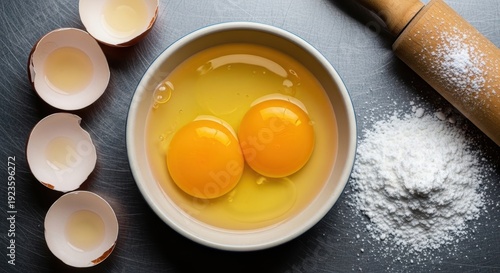 Two vibrant egg yolks and whites in a ceramic bowl, ready for culinary preparation.