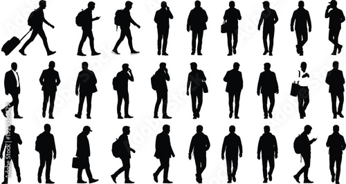 Silhouettes of diverse business men walking, talking on phone, carrying briefcases, backpacks, traveling, commuting, urban lifestyle, professional, business, communication, work