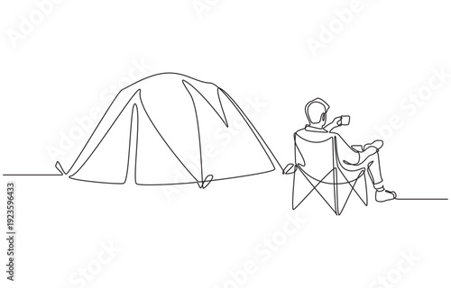 Continuous one line drawing of young man sitting on camping chair to sip coffee, outdoor lifestyle concept, single line art.