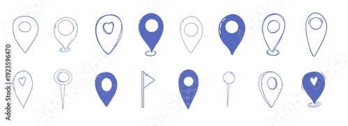 Doodle Location Pin set, pin line hand drawn blue pen for planner or map. Gps Navigation Markers pinpoints, tags, flag icons. 