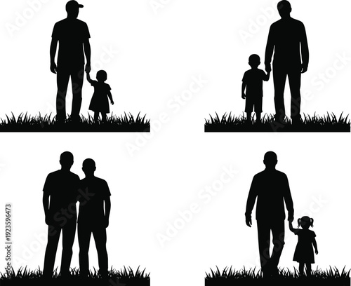 Silhouettes of diverse fathers with children holding hands, standing in grass, family love, parenting, fatherhood, bonding, togetherness, outdoor, nature, happy family moments