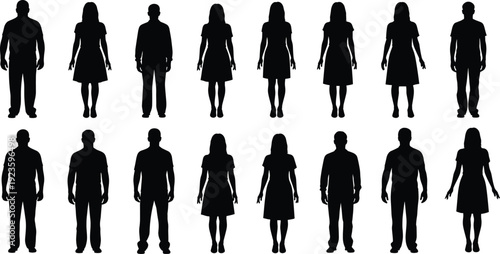 Silhouettes of diverse men and women standing in various neutral poses, isolated on white background, diversity, gender equality, simplicity, human figures