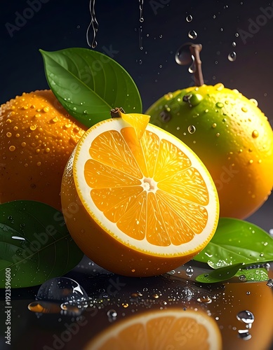 Vibrant oranges, a half exposed, with green leaves and water droplets against a black background on a reflective surface