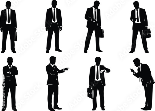 Silhouettes of businessman in suit, different poses with briefcase, checking watch, pointing, using phone, standing, walking, professional, corporate, confident, executive lifestyle, business concept