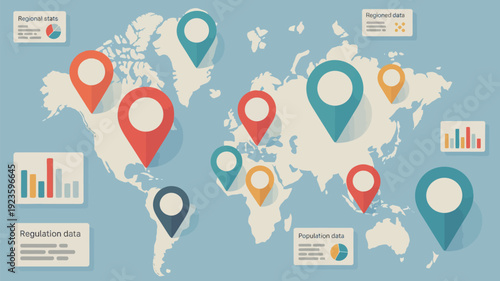 Global map with location pins and data visualizations for business analysis