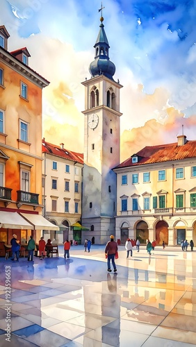 Sunny plaza watercolor rendering of European architecture with a tall clock tower and many people walking around