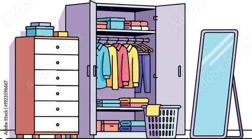 Open Wardrobe Closet Interior Isolated Transparent Background Flat 2D Vector