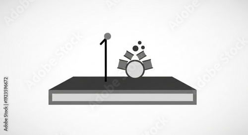 Simple black and white illustration of a microphone on a stage with a drum and music notes floating above it on a white background
