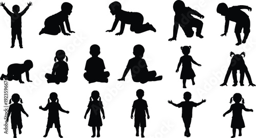 Silhouettes of children in various playful poses, sitting, crawling, standing, and jumping, isolated on white background, diverse kids active and energetic