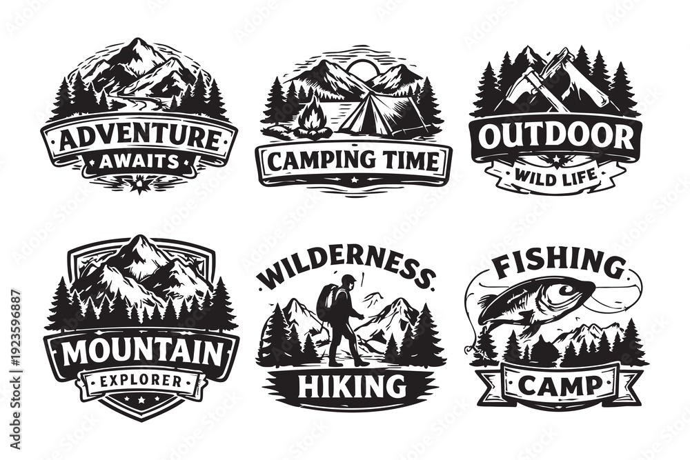 Fototapeta premium mountain adventure hipster logos. Set of Vintage Outdoor mountains Summer Camp badges or Patches. vector emblem designs. Great for shirts, stamps, stickers logos and labels.
