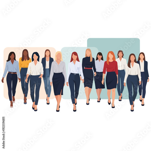 A diverse and empowered group of businesswomen walking forward with confidence, a cute, flat vector illustration showcasing teamwork and professional success