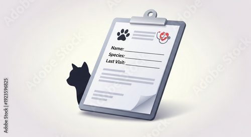 Veterinary medical record form with clipboard and cat silhouette on white background