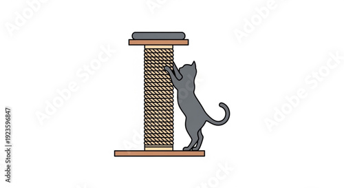 Gray cat scratching on tall brown sisal rope cat tower with cushioned top and base plates