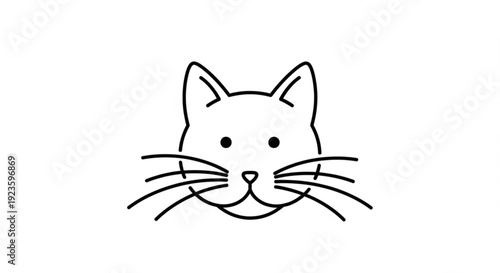 A cute line drawing of a smiling cat's face with whiskers and pointy ears on a white background