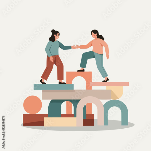 Cute, flat vector illustration of two women demonstrating teamwork and mutual support, building success together on abstract shapes, fostering collaboration and progress