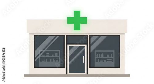 Pharmacy storefront with green cross symbol beige building dark grey windows and central door simple flat design