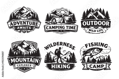 mountain adventure hipster logos. Set of Vintage Outdoor mountains Summer Camp badges or Patches. vector emblem designs. Great for shirts, stamps, stickers logos and labels.