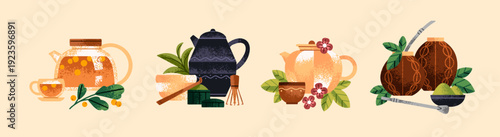 Tea ceremony set. Teapots for different types of Chinese herbal drinks. Various kettles, glass infusers and ceramic cups of herb beverages, calabash of matcha. Flat isolated vector illustrations