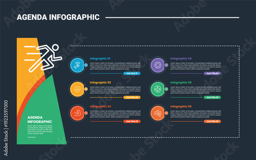 Agenda or schedule infographic process diagram with big circle folding edge with line divider on double column with dark background bright outline style 6 points