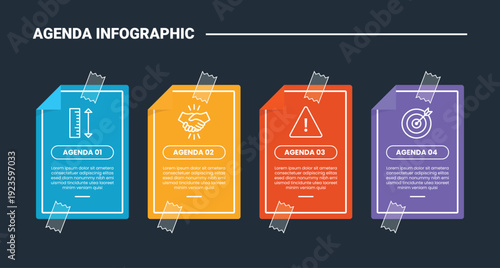 Agenda or schedule infographic process diagram with paper with fold side and transparent tape with dark background bright outline style 4 points