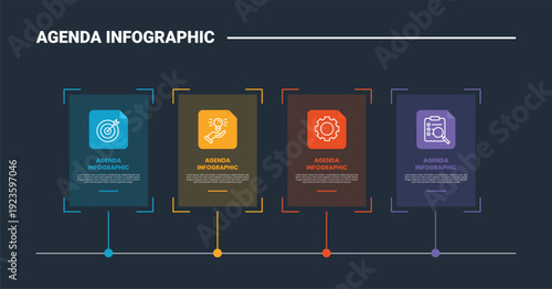 Agenda or schedule infographic process diagram with target box with transparent background on horizontal timeline style with dark background bright outline style 4 points