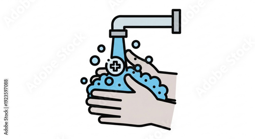 Person washing hands under a soap dispenser with blue suds and a medical cross symbol