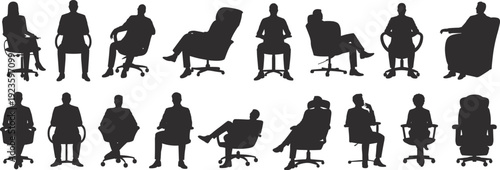 Silhouettes of business people sitting on office chairs, various postures and poses, perfect for corporate, workplace, and business communication themes.