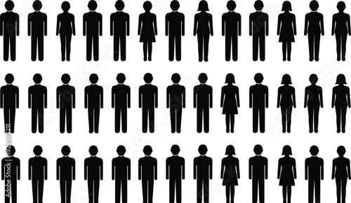 Silhouettes of diverse men and women icons standing in rows, male female figures, gender symbols, simple human avatars, isolated on white background.