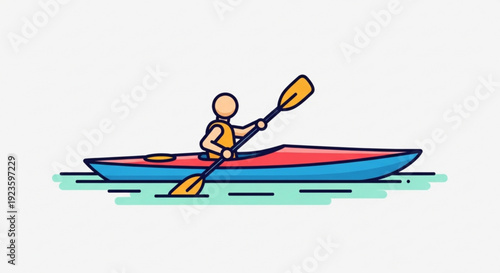 Person kayaking on calm water with paddle in hand wearing life jacket in a blue and red kayak