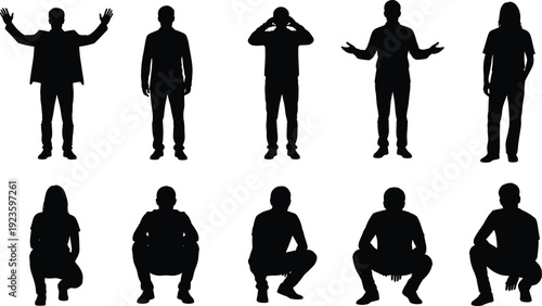 Silhouettes of diverse people standing, squatting, sitting, expressing emotions, gestures, body language, isolated on white background, vector style, multiple poses, male and female.