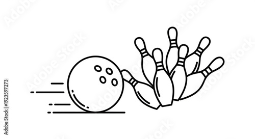 Bowling ball strikes pins in motion black line art illustration for sports and leisure concepts