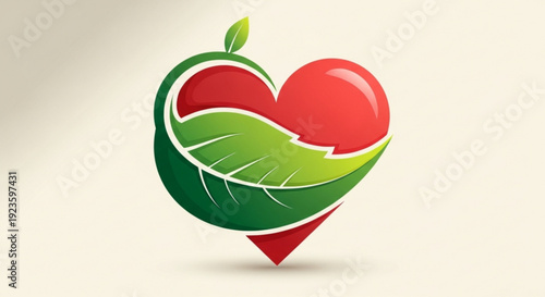 Vibrant red apple with green leafy heart shaped symbol on beige background